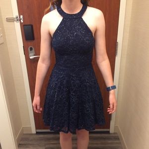 Blue sparkly halter backless dress